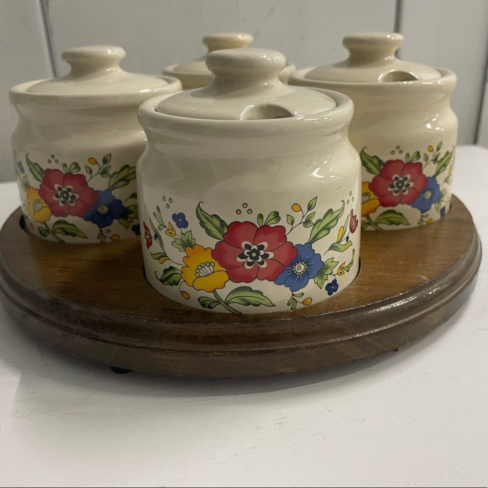 Vintage stoneware condiment caddy